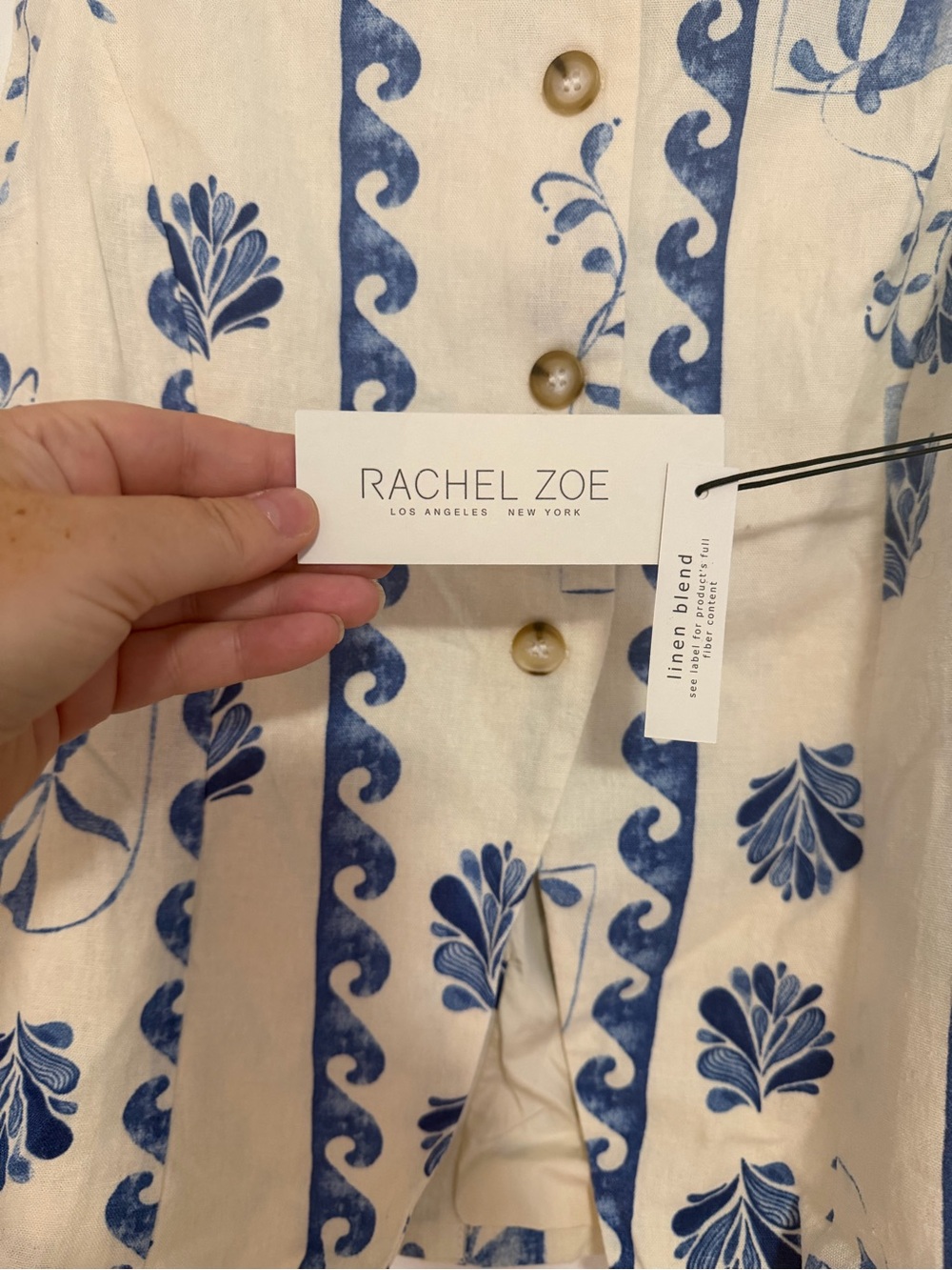 Rachel Zoe Cream and Blue Floral Linen Blend Set Size L - Picture 3 of 5